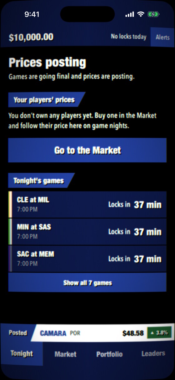 The Tonight screen: net worth in the top bar, tonight's games with the time each locks, and a posted price in the crawl.